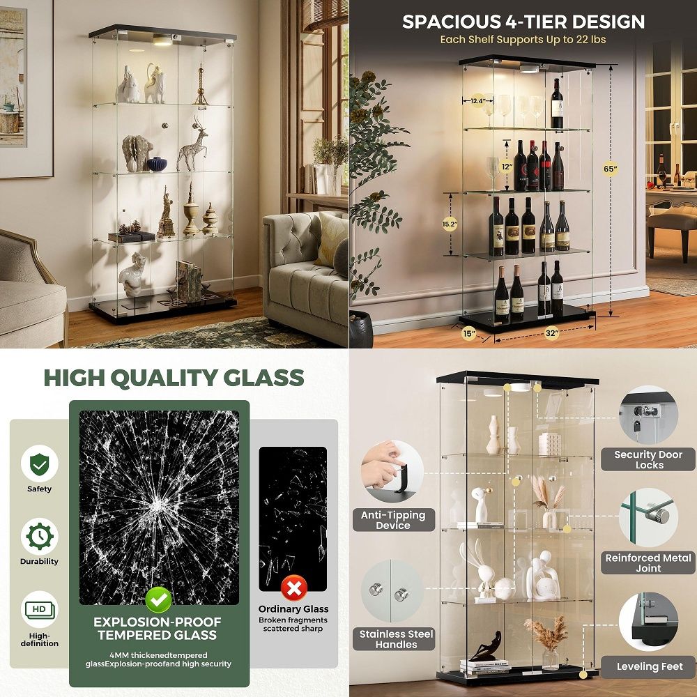 Glass Cabinet Display - Vitrinekast met LED-verlichting en slot, 4-plankig