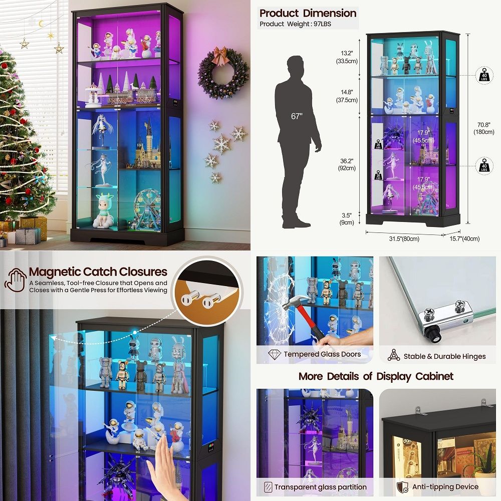 Glass Cabinet Display - Verlichte hoekvitrinekast van hout met gebogen